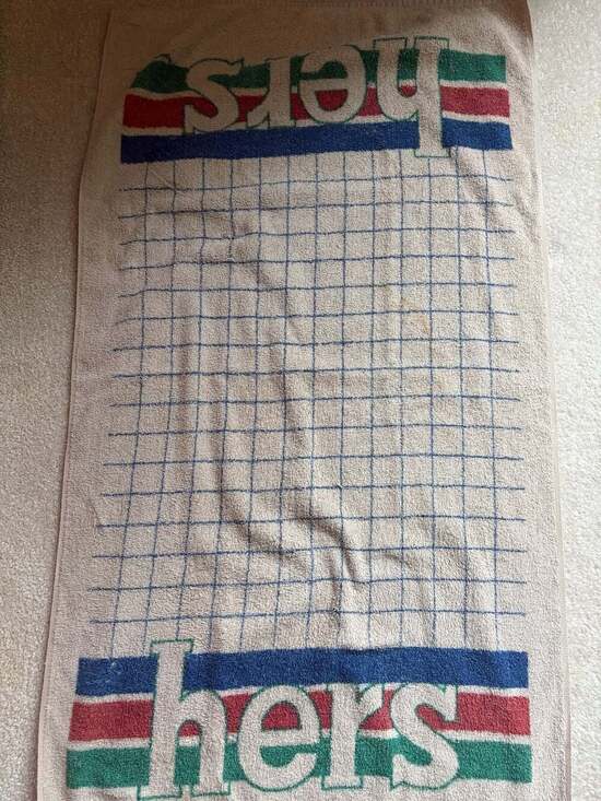 Dundee Other - Vintage Dundee 'Hers' Cotton Blend Bath Towel Tan with Grid and Stripes Made in